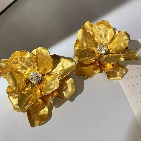 Gold Floral Statement Earrings with Crystal Center - Picture 2 of 8